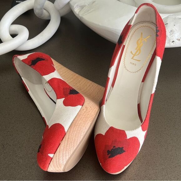 YSL Red Floral Canvas Wedge Heels - Size 40 - Picture 8 of 10